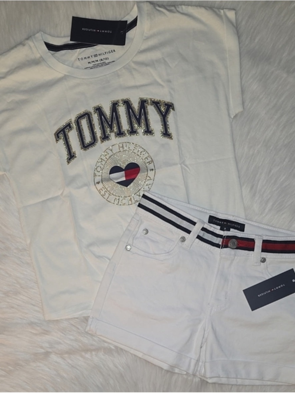 Tommy Hilfiger White Tee and White Shorts with Signature Heart Detail